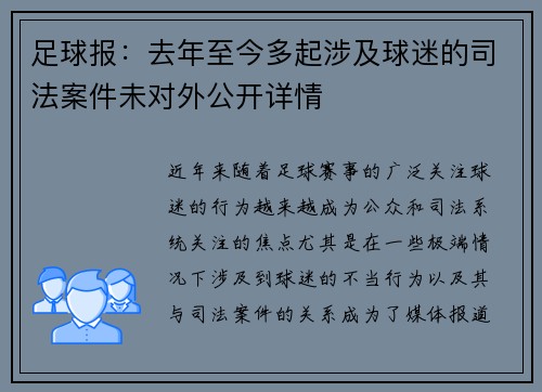 足球报:去年至今多起涉及球迷的司法案件未对外公开详情 足球报:去年至今多起涉及球迷的司法案件未对外公开详情