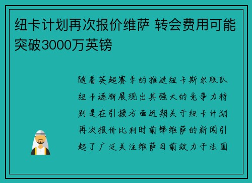 纽卡计划再次报价维萨 转会费用可能突破3000万英镑 纽卡计划再次报价维萨 转会费用可能突破3000万英镑