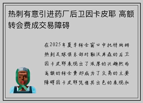 热刺有意引进药厂后卫因卡皮耶 高额转会费成交易障碍 热刺有意引进药厂后卫因卡皮耶 高额转会费成交易障碍
