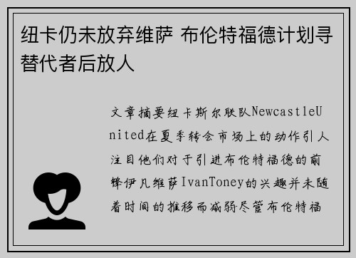 纽卡仍未放弃维萨 布伦特福德计划寻替代者后放人 纽卡仍未放弃维萨 布伦特福德计划寻替代者后放人
