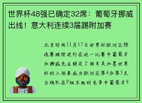 世界杯48强已确定32席：葡萄牙挪威出线！意大利连续3届踢附加赛