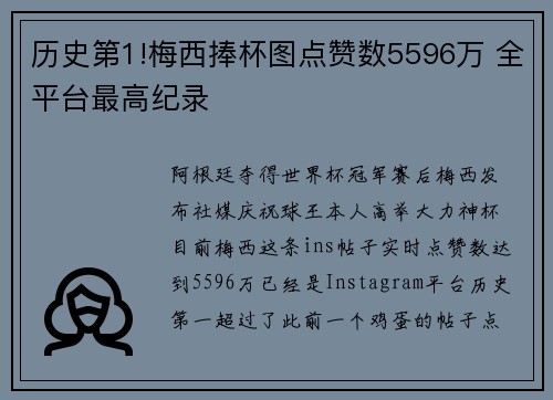 历史第1!梅西捧杯图点赞数5596万 全平台最高纪录
